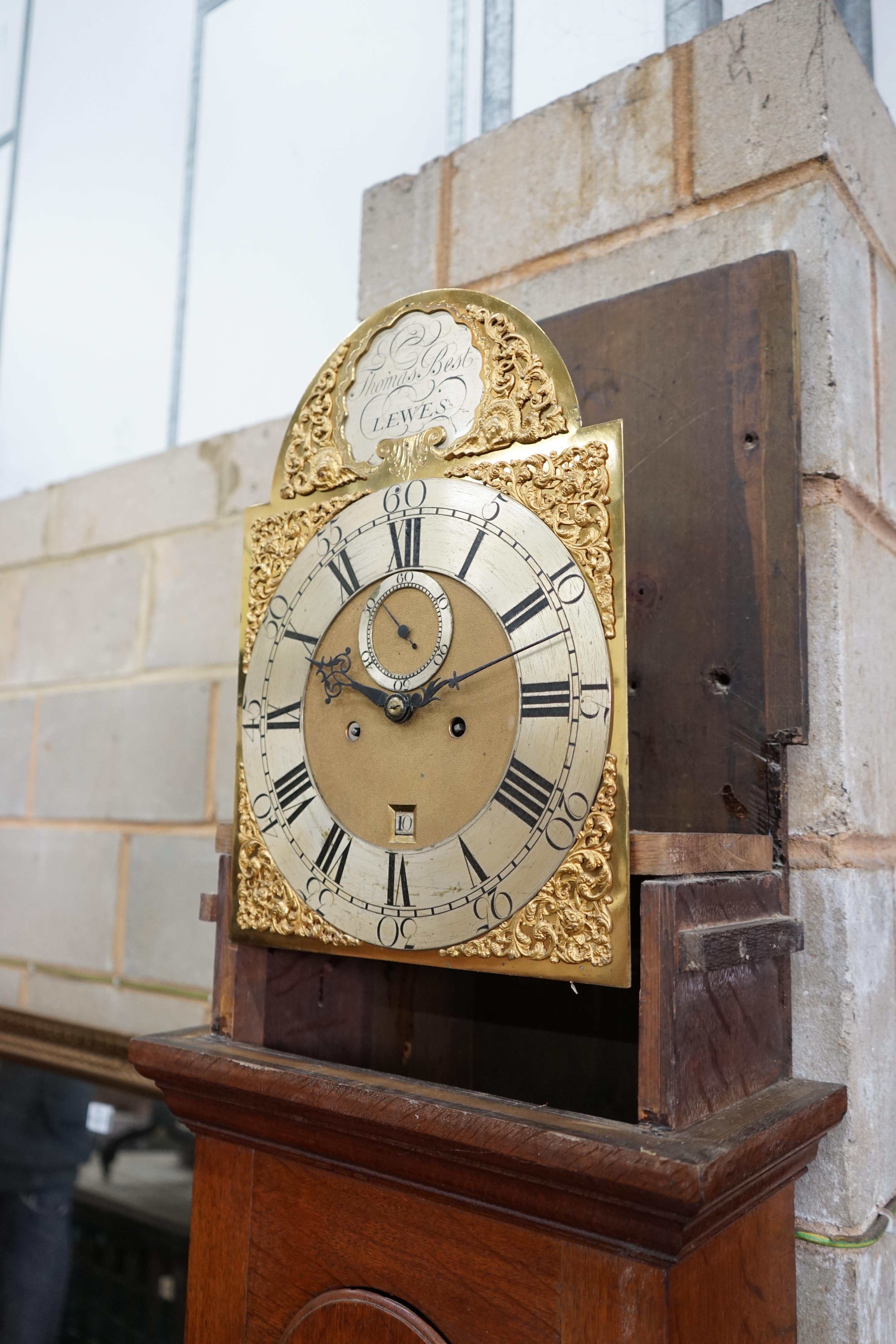 An early 19th century inlaid oak eight day longcase clock by Thomas Best, Lewes (no weights), height 211cm